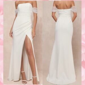 NWOT LULU'S XS Profound Glamour Ivory Pearl Off-the-Shoulder Tulip Maxi Dress